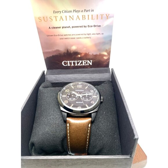 Citizen Men's Watch AO9028-07E Eco-Drive Black Dial Brown Leather Strap 43mm - Picture 3 of 15